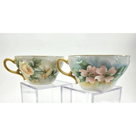 Hand-Painted Floral Porcelain Tea Cups With Gold Handles Vintage Set Of 2 jj3703 - Picture 8 of 12
